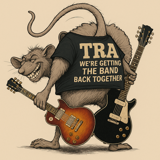 The Rats Asses rat mascot holding two electric guitars